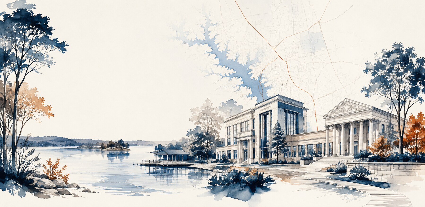 Watercolor view of Huntersville and Lake Norman representing Adkins Law local legal counsel