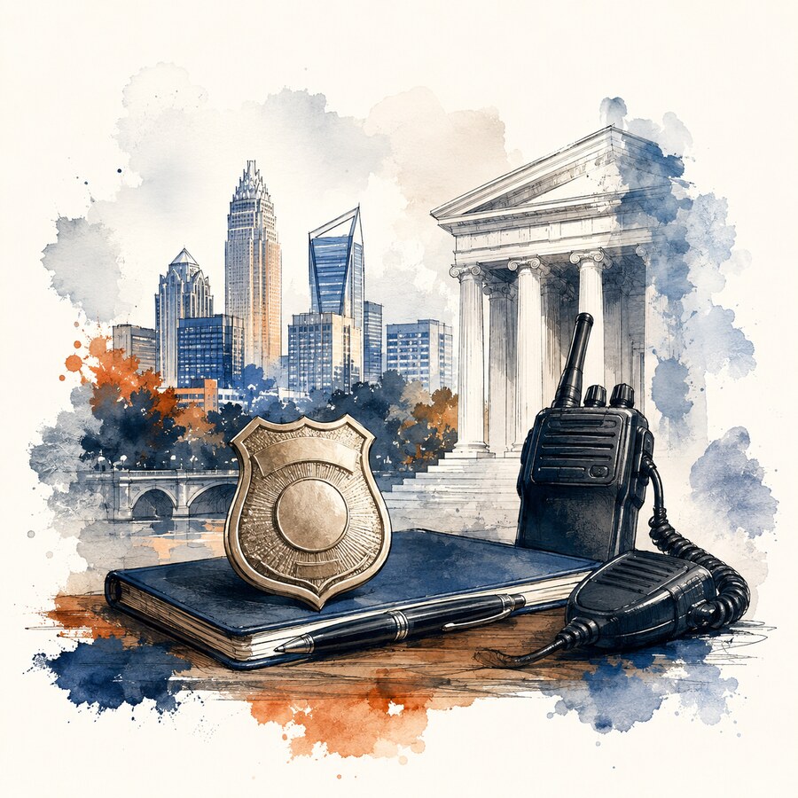 Watercolor illustration of Christopher Adkins’s law enforcement background