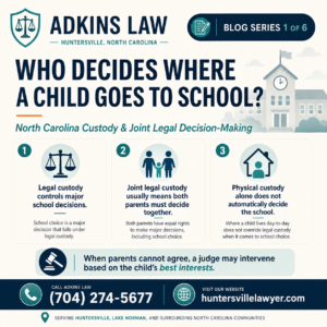 Adkins Law graphic explaining who decides where a child goes to school in North Carolina, including joint legal custody, physical custody, school choice, and child custody decision-making.