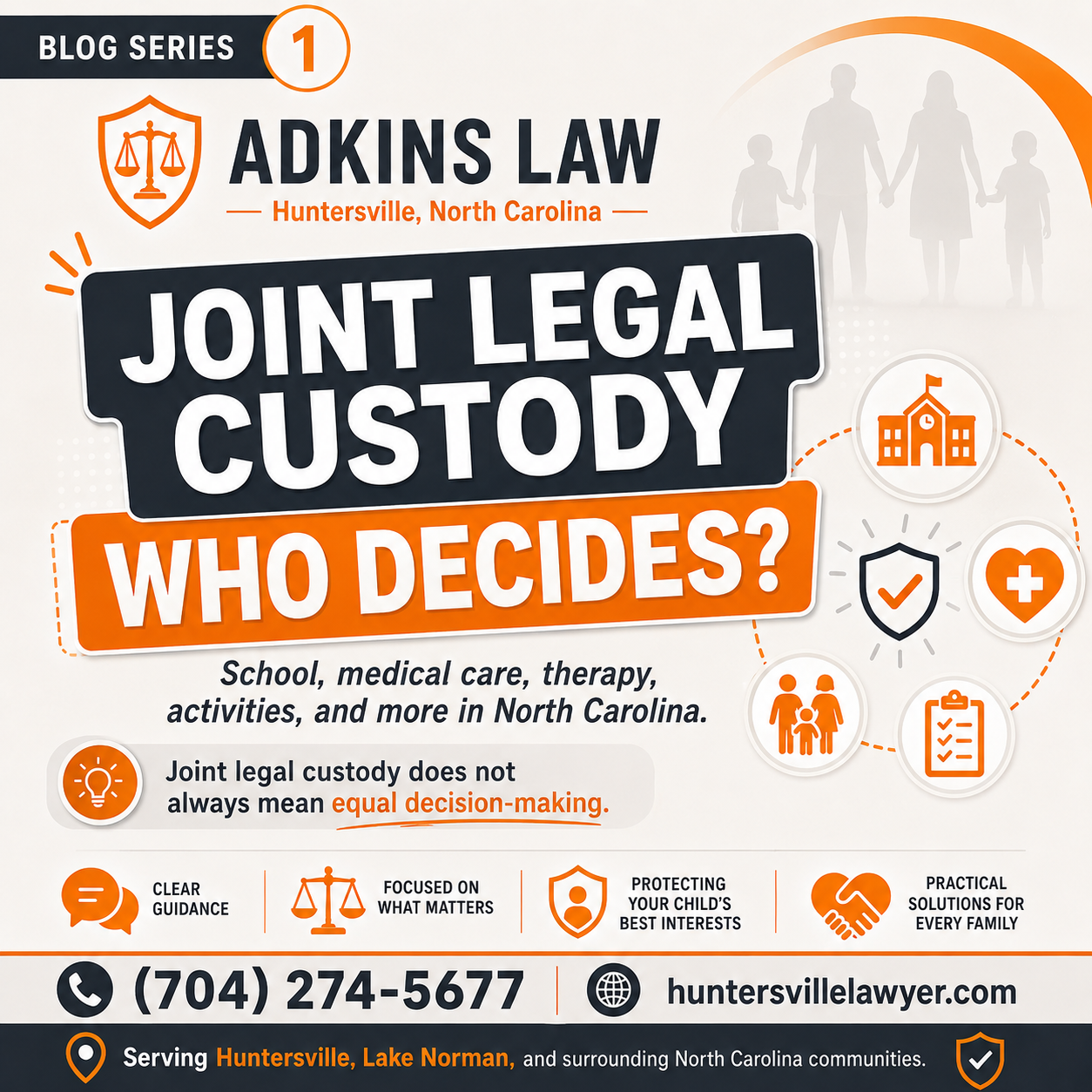 1 Adkins Law blog series graphic explaining joint legal custody in North Carolina and who decides school, medical care, therapy, activities, and other major parenting decisions. Includes Adkins Law contact information for a Huntersville and Lake Norman family law attorney.