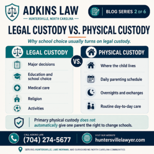 Adkins Law graphic comparing legal custody and physical custody in North Carolina, including school choice, education, medical decisions, parenting schedules, and joint custody rights.