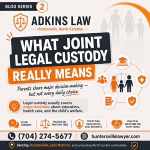 Adkins Law family law graphic explaining what joint legal custody really means in North Carolina, including shared decision-making about education, health care, and a child’s welfare. Serving custody clients in Huntersville, Lake Norman, and surrounding communities.