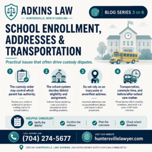 Adkins Law North Carolina child custody graphic explaining school enrollment, residency addresses, school districts, transportation, commute time, and custody order requirements.