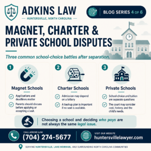 Adkins Law graphic about magnet school, charter school, and private school disputes after separation or divorce, including school choice, tuition, applications, and North Carolina child custody.