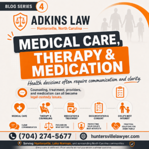Adkins Law family law graphic about medical care, therapy, counseling, and medication decisions under joint legal custody in North Carolina. Provides guidance for parents facing health-care and custody disputes in Huntersville and Lake Norman.