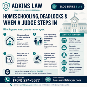 Adkins Law graphic explaining homeschooling disputes, joint legal custody deadlocks, and how North Carolina judges may decide educational issues based on a child’s best interests.