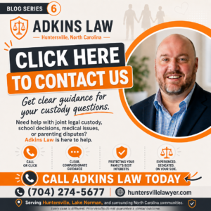 Attorney Chris Adkins of Adkins Law in Huntersville, North Carolina, inviting parents to contact the firm for help with joint legal custody, school decisions, medical issues, therapy disputes, and other child custody matters in the Lake Norman area.