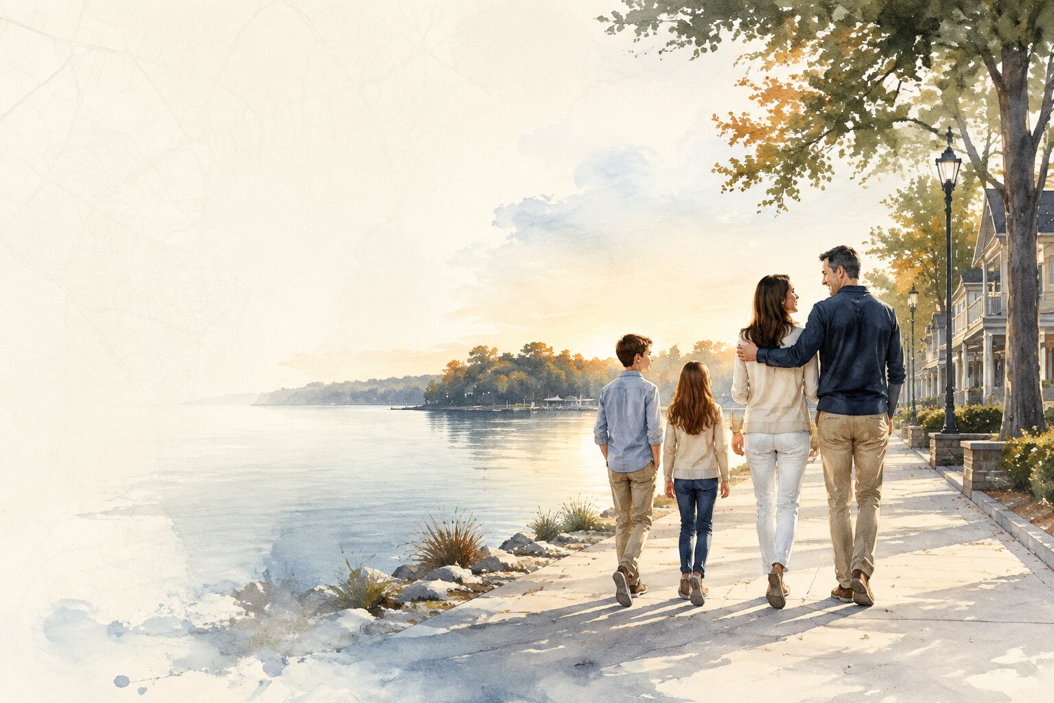 Watercolor illustration of a Huntersville family beside Lake Norman with a subtle local street map