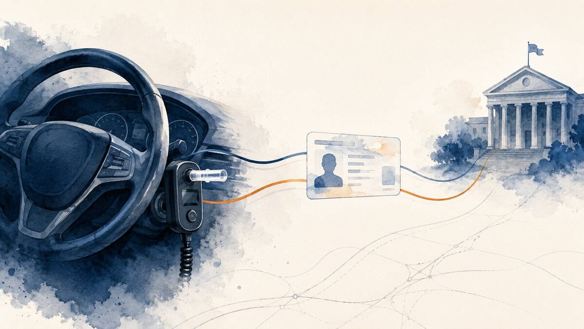 Watercolor illustration of a North Carolina driver license and ignition interlock device