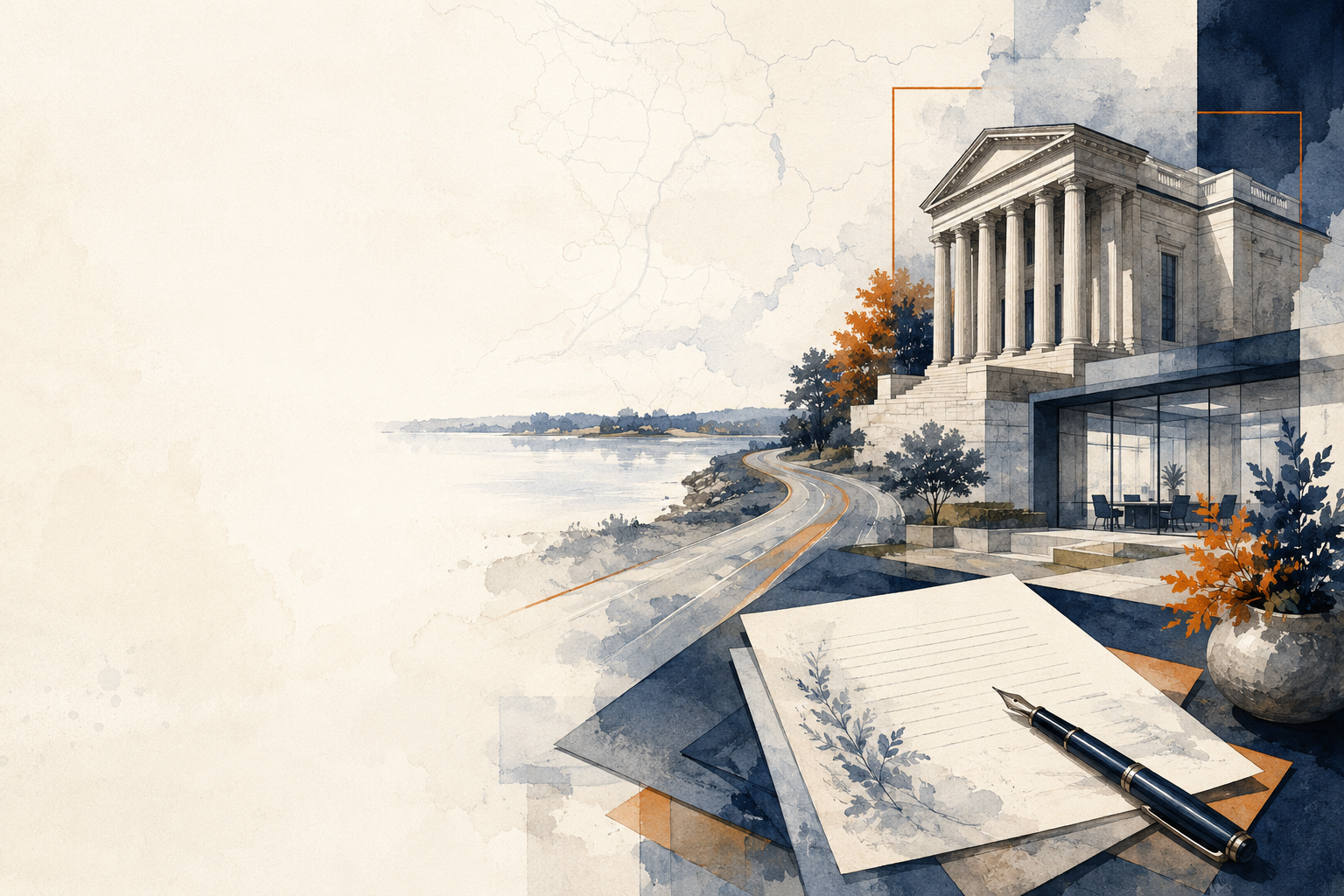 Custom navy and orange watercolor representing attorney Chris Purkey’s broad Adkins Law practice in Huntersville
