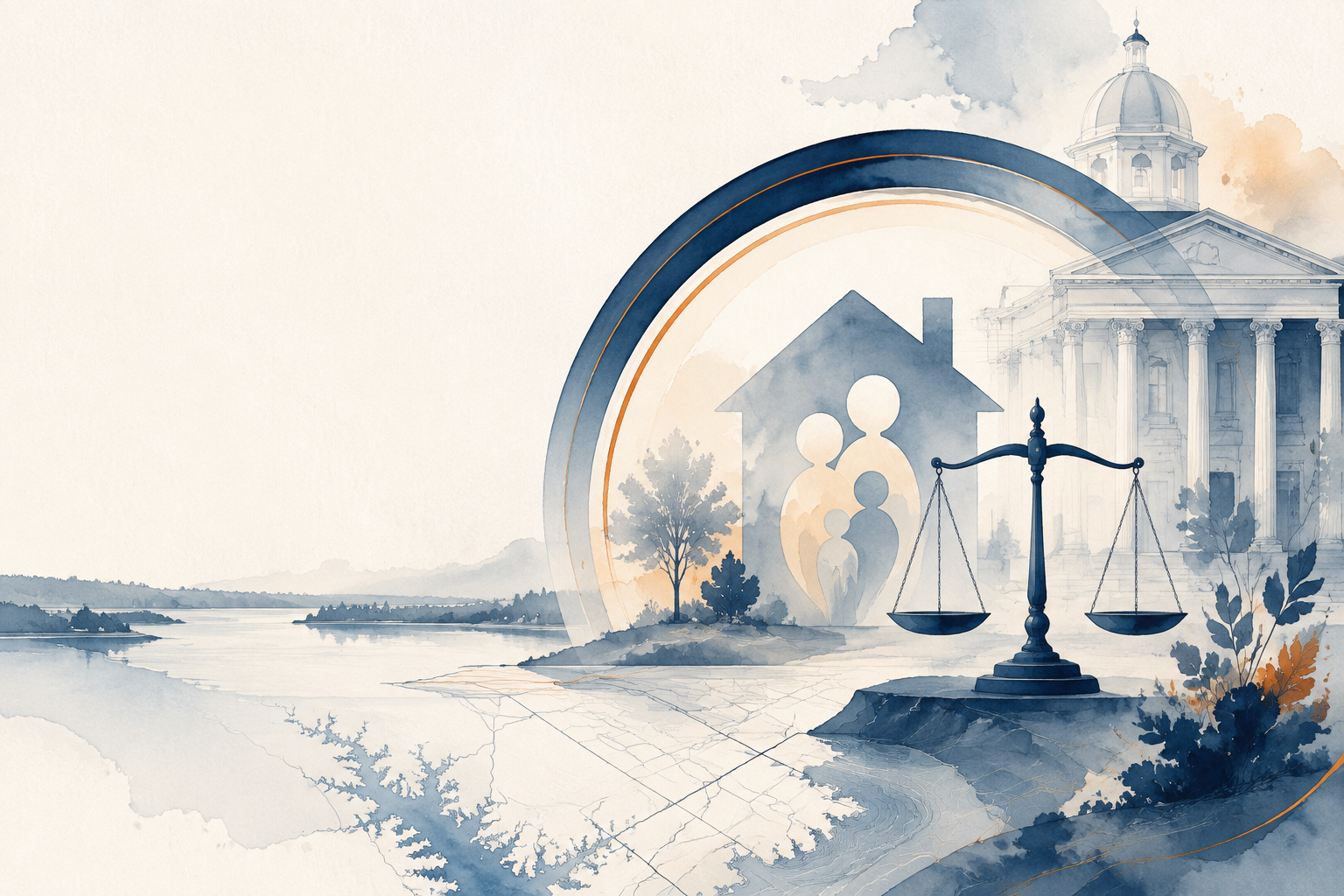 Watercolor illustration of a family-law consultation in Huntersville, North Carolina