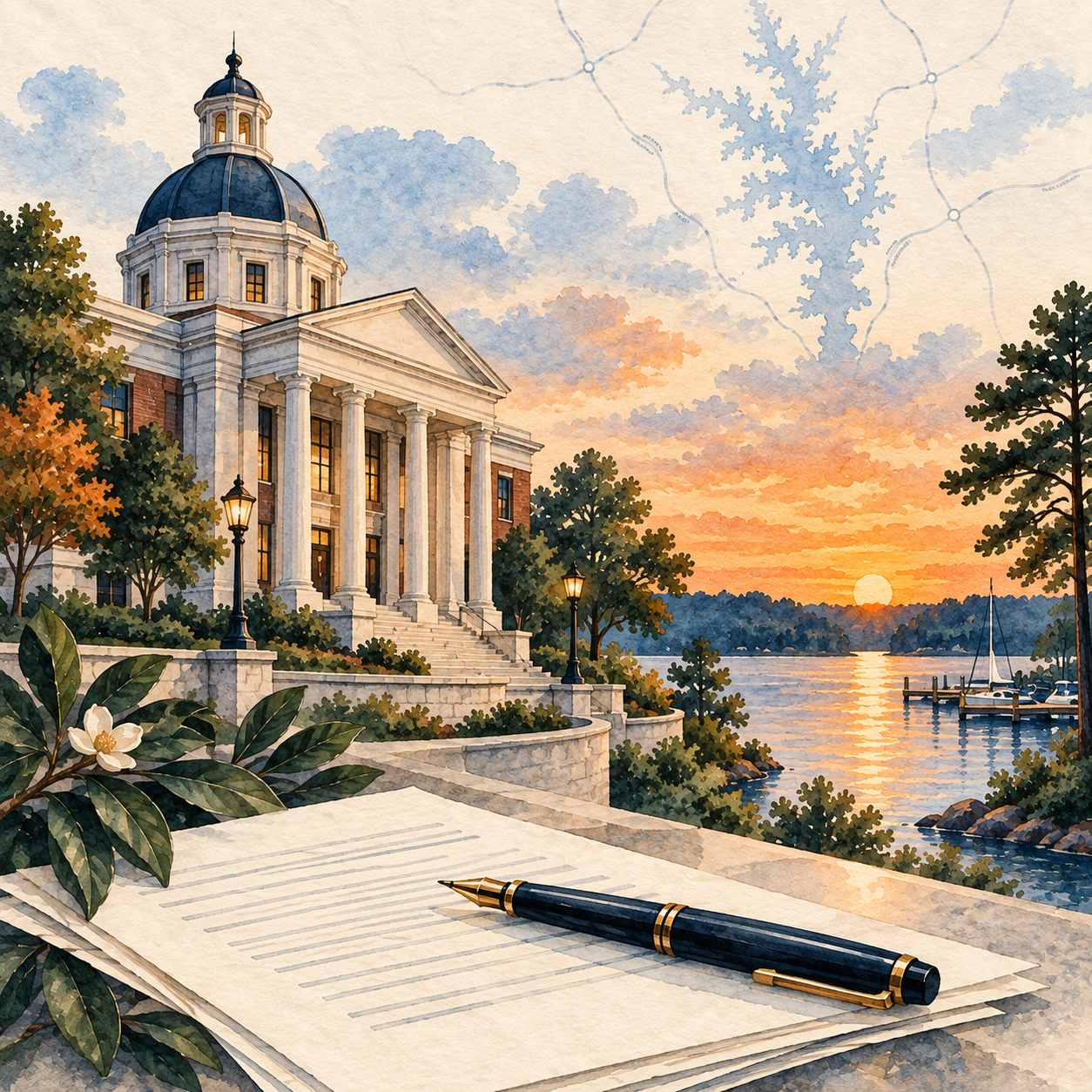 Civil Litigation and Lake Norman Watercolor | Adkins Law Watercolor illustration for North Carolina conflict screening and civil legal guidance from Adkins Law