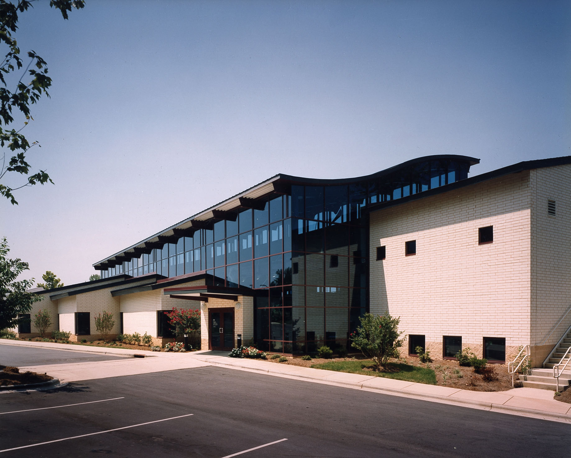 North County Regional Library in Huntersville, archival view Glass entrance and curved roof of North County Regional Library in Huntersville in an archival photograph