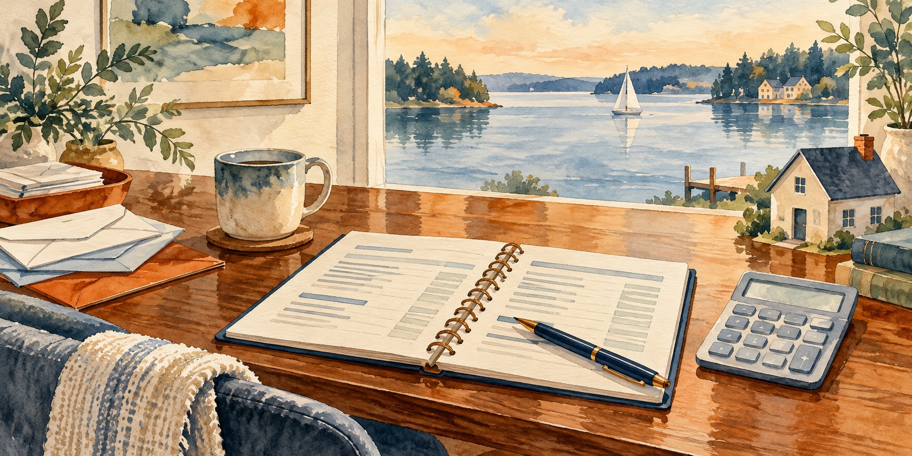 Watercolor household budget ledger, calculator and house model beside a Lake Norman inspired view