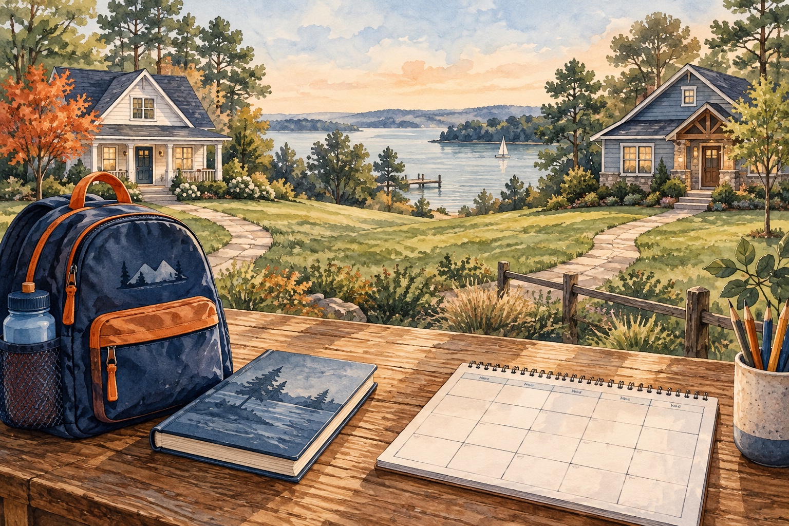 Watercolor backpack and parenting calendar with two welcoming homes near a Lake Norman inspired shoreline