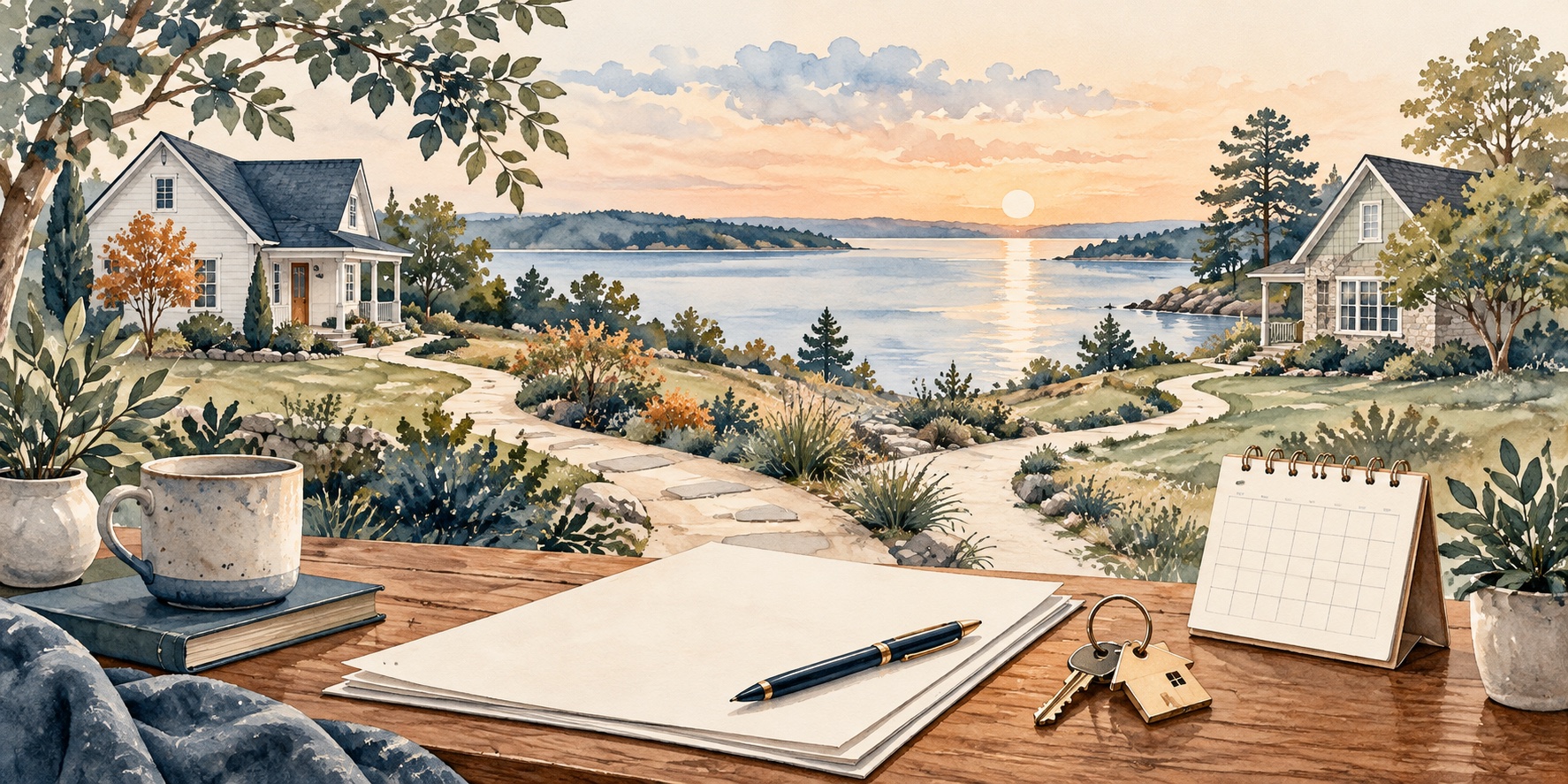 Watercolor legal documents, house keys and calendar with two separate homes beside a Lake Norman inspired shoreline