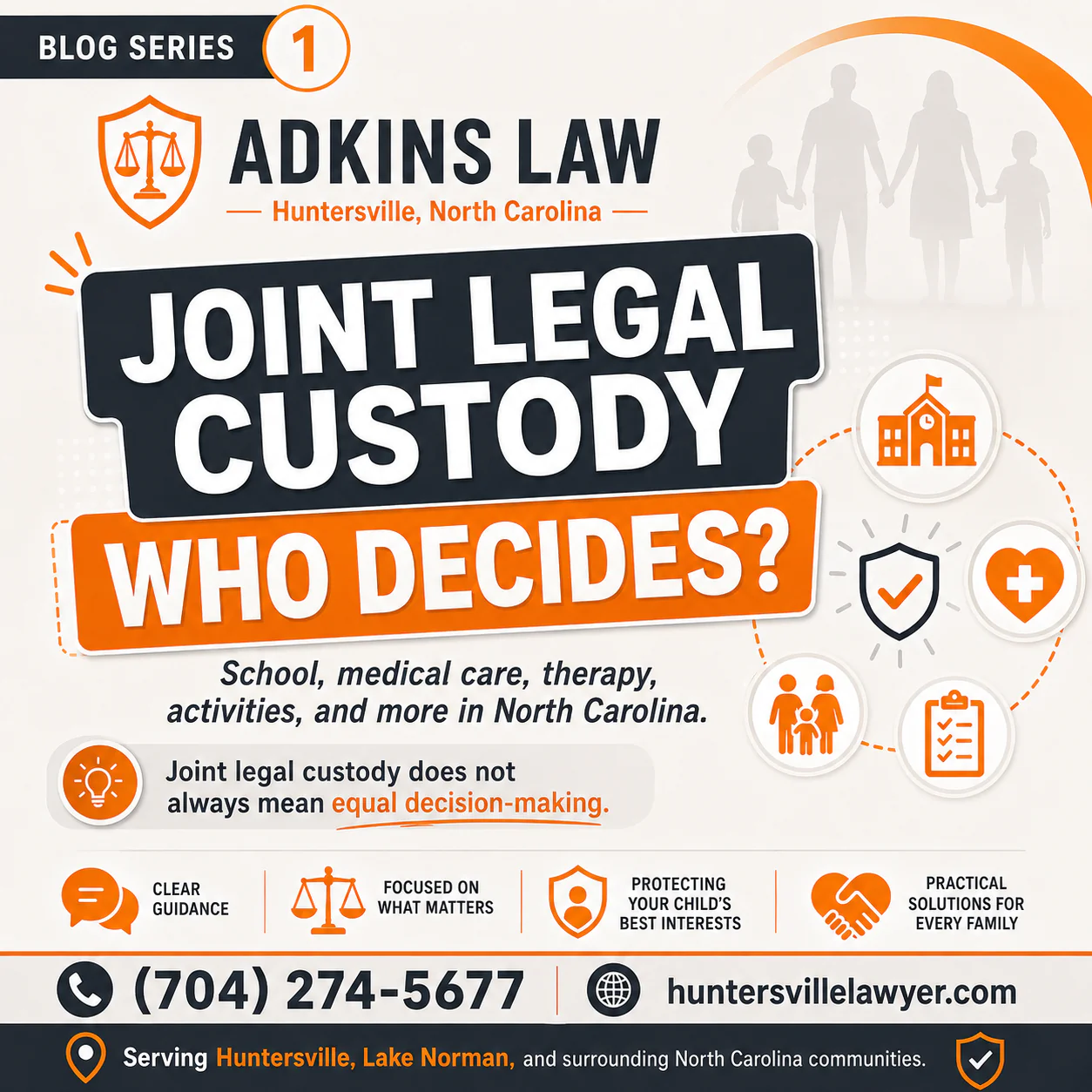 1 Adkins Law blog series graphic explaining joint legal custody in North Carolina and who decides school, medical care, therapy, activities, and other major parenting decisions. Includes Adkins Law contact information for a Huntersville and Lake Norman family law attorney.