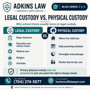 Adkins Law graphic comparing legal custody and physical custody in North Carolina, including school choice, education, medical decisions, parenting schedules, and joint custody rights.