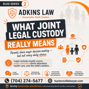Adkins Law family law graphic explaining what joint legal custody really means in North Carolina, including shared decision-making about education, health care, and a child’s welfare. Serving custody clients in Huntersville, Lake Norman, and surrounding communities.