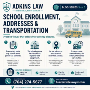 Adkins Law North Carolina child custody graphic explaining school enrollment, residency addresses, school districts, transportation, commute time, and custody order requirements.