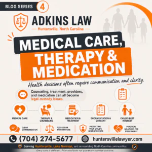 Adkins Law family law graphic about medical care, therapy, counseling, and medication decisions under joint legal custody in North Carolina. Provides guidance for parents facing health-care and custody disputes in Huntersville and Lake Norman.
