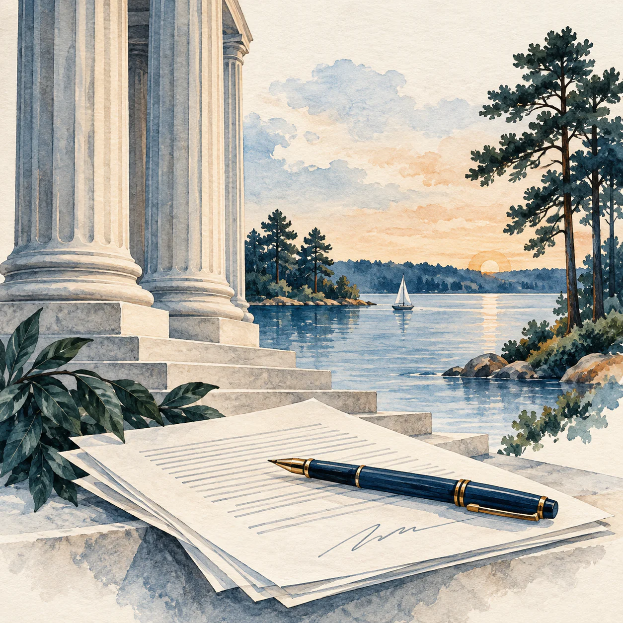 Navy and orange Lake Norman courthouse watercolor for Adkins Law in Huntersville, North Carolina