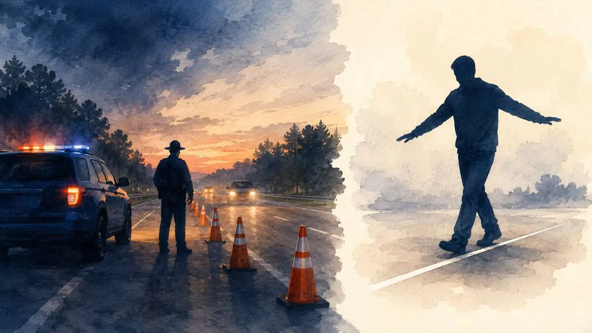 Watercolor illustration of a DWI checkpoint and field sobriety investigation